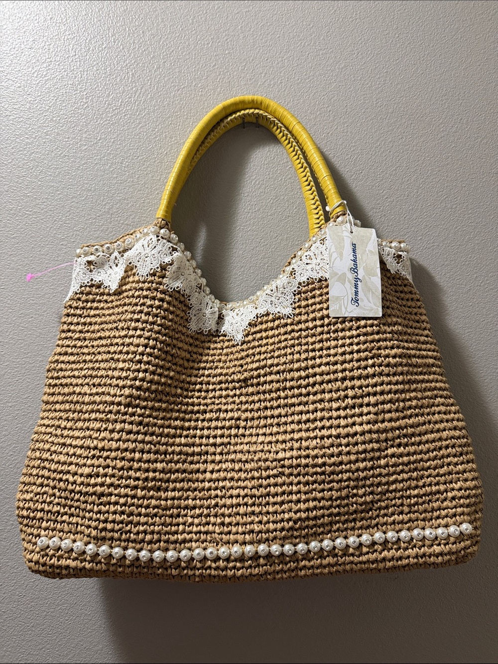 Tommy Bahama Yellow-Handle Straw Tote with Lace and Pearl Trim